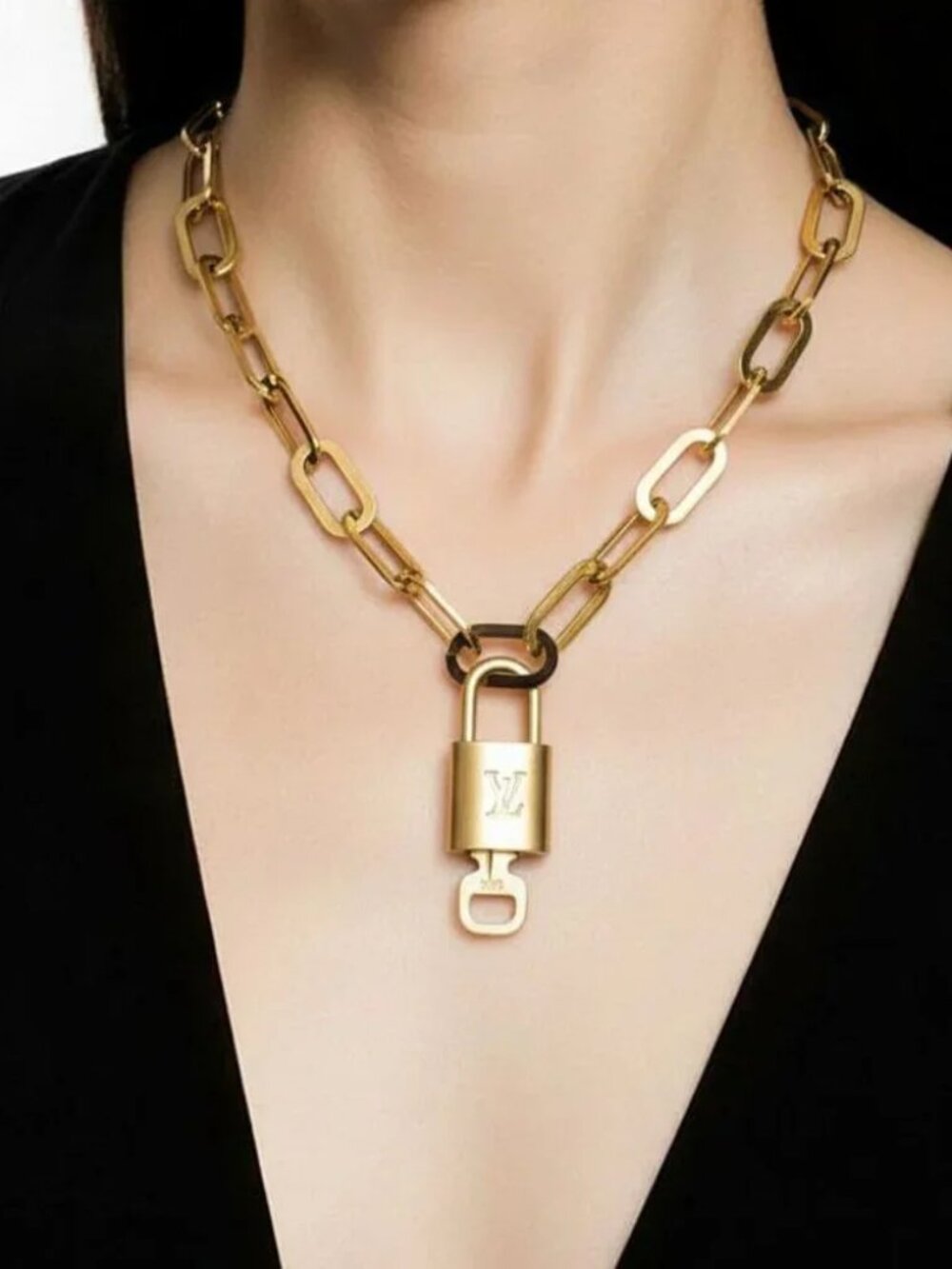 Authentic Louis Vuitton GoldPadlock w/Unbranded Stainless Steel Paper Clip Chain